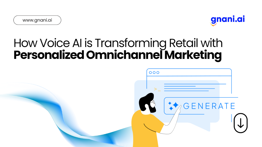 A dynamic retail scene illustrating Personalized Omnichannel Marketing powered by Voice AI, connecting customers across various channels.