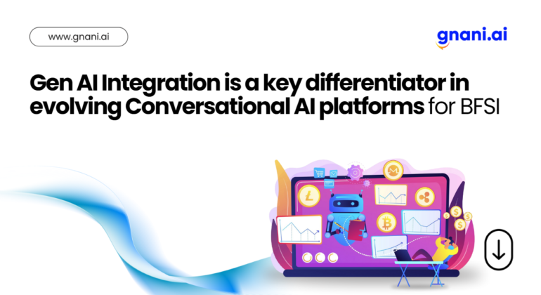 A futuristic representation of Gen AI-powered Conversational AI platforms for BFSI, showcasing seamless customer interactions, automation, and multilingual support in banking.