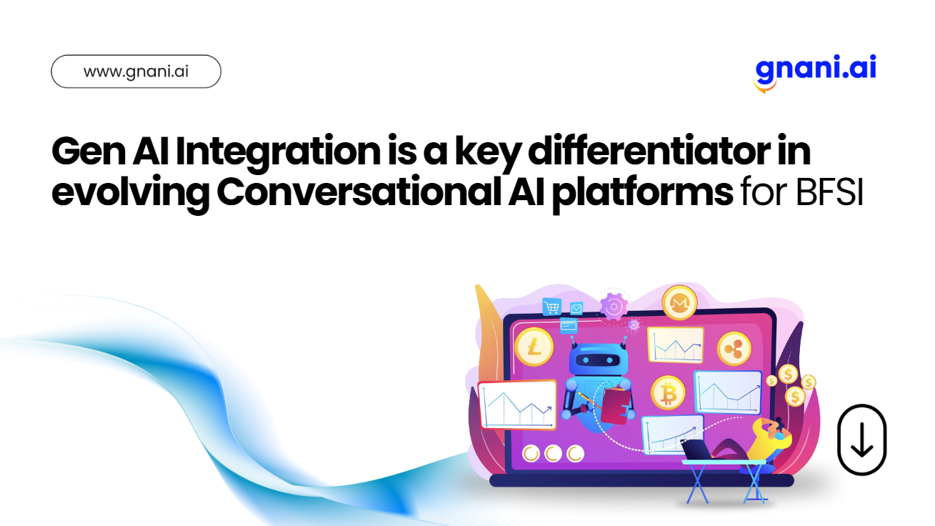 A futuristic representation of Gen AI-powered Conversational AI platforms for BFSI, showcasing seamless customer interactions, automation, and multilingual support in banking.